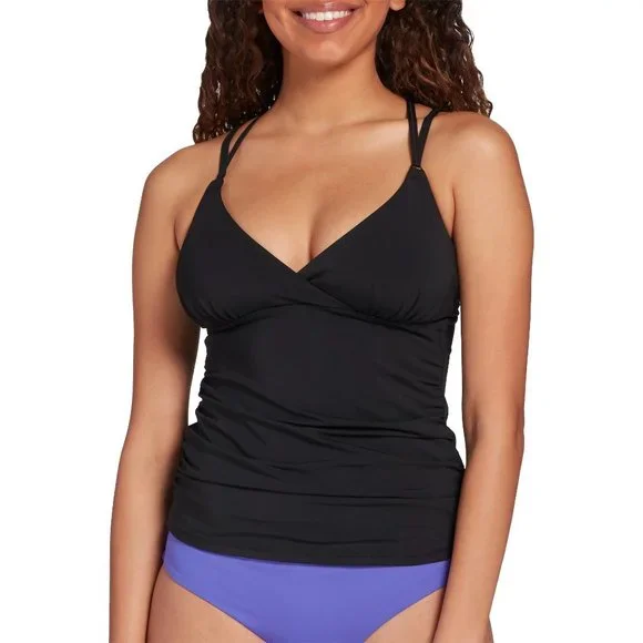 New CALIA Women's Strappy Ruched Tankini Top Size S Black - Picture 1 of 11